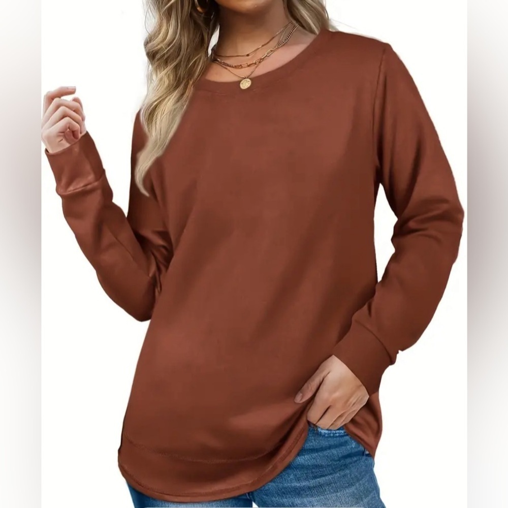 Basic Top, Women's Solid Long Sleeve Round Neck Slight Stretch Tunic Top - NEW